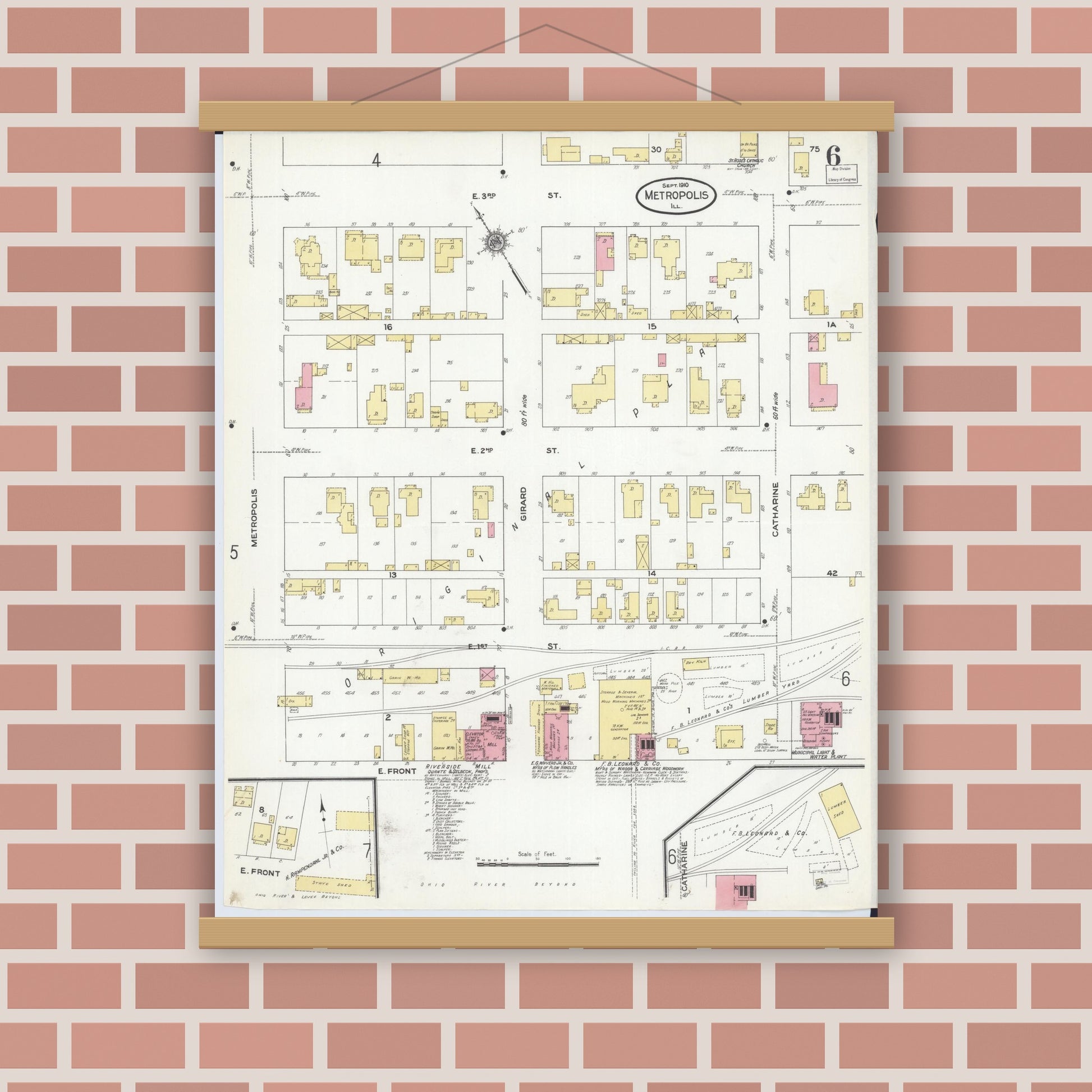 Old map wall art mockup — magnetic wood frame on brick wall — Sanborn Fire Insurance Map from Metropolis, Massac County, Illinois (1910), Sheet #0006