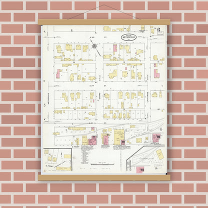 Old map wall art mockup — magnetic wood frame on brick wall — Sanborn Fire Insurance Map from Metropolis, Massac County, Illinois (1910), Sheet #0006