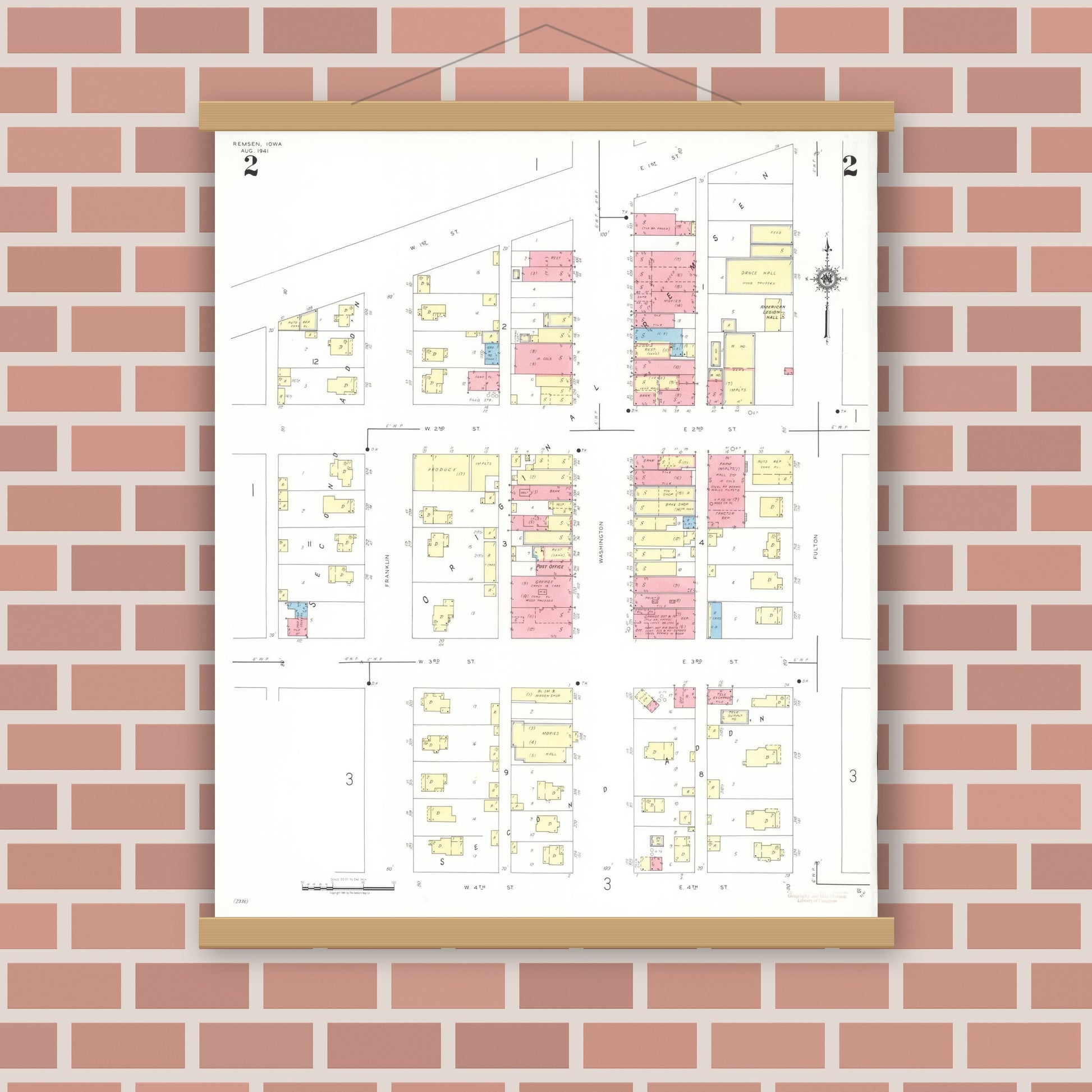 Old map wall art mockup — magnetic wood frame on brick wall — Sanborn Fire Insurance Map from Remsen, Plymouth County, Iowa (1941), Sheet #0002