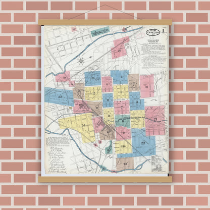 Old map wall art mockup — magnetic wood frame on brick wall — Sanborn Fire Insurance Map from Canton, Stark County, Ohio (1891), Sheet #0001