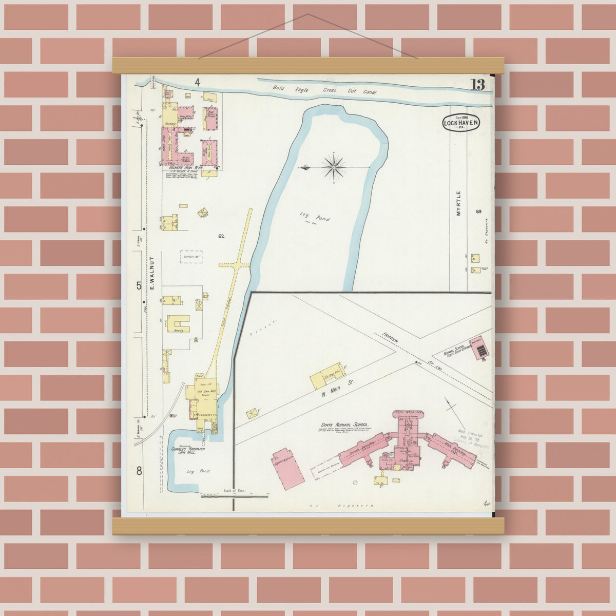 Old map wall art mockup — magnetic wood frame on brick wall — Sanborn Fire Insurance Map from Lock Haven, Clinton County, Pennsylvania (1896), Sheet #0013