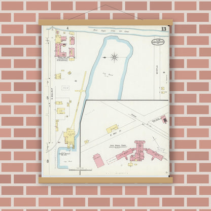 Old map wall art mockup — magnetic wood frame on brick wall — Sanborn Fire Insurance Map from Lock Haven, Clinton County, Pennsylvania (1896), Sheet #0013