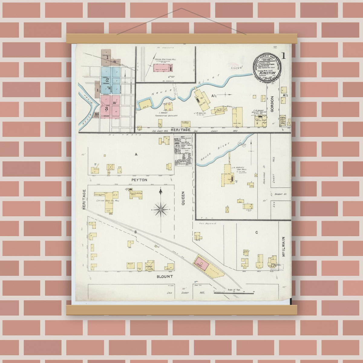 Old map wall art mockup — magnetic wood frame on brick wall — Sanborn Fire Insurance Map from Kinston, Lenoir County, North Carolina (1891) - Complete Map Set