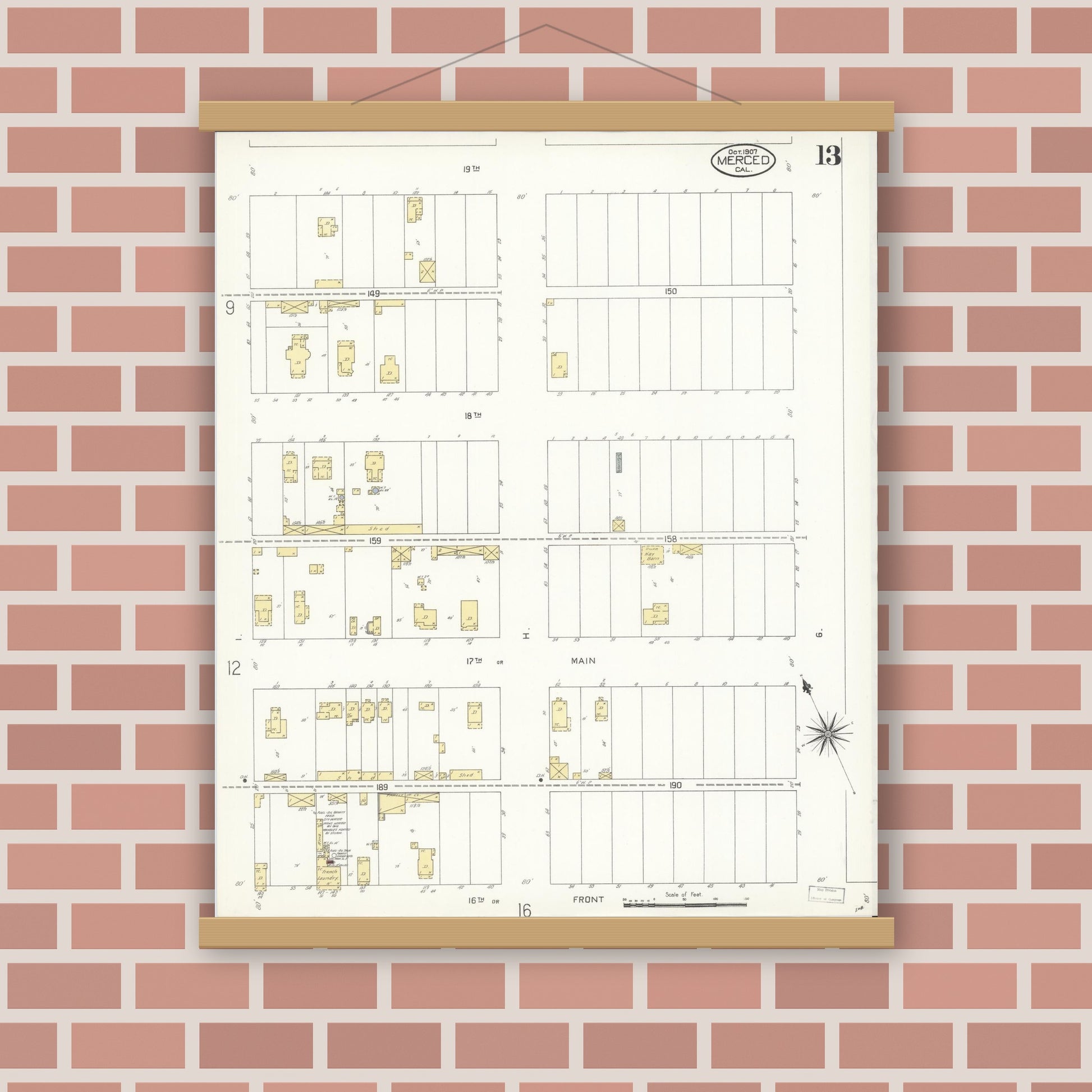 Old map wall art mockup — magnetic wood frame on brick wall — Sanborn Fire Insurance Map from Merced, Merced County, California (1907), Sheet #0013