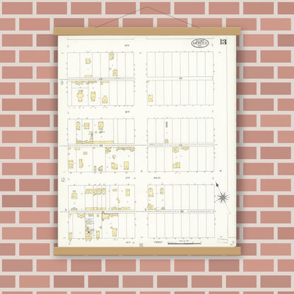 Old map wall art mockup — magnetic wood frame on brick wall — Sanborn Fire Insurance Map from Merced, Merced County, California (1907), Sheet #0013