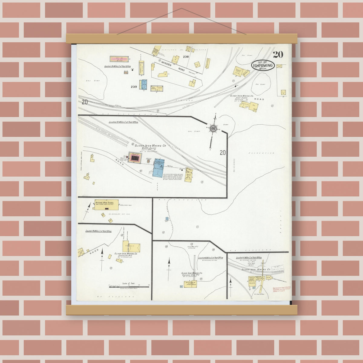 Old map wall art mockup — magnetic wood frame on brick wall — Sanborn Fire Insurance Map from Ishpeming, Marquette County, Michigan (1917), Sheet #0020