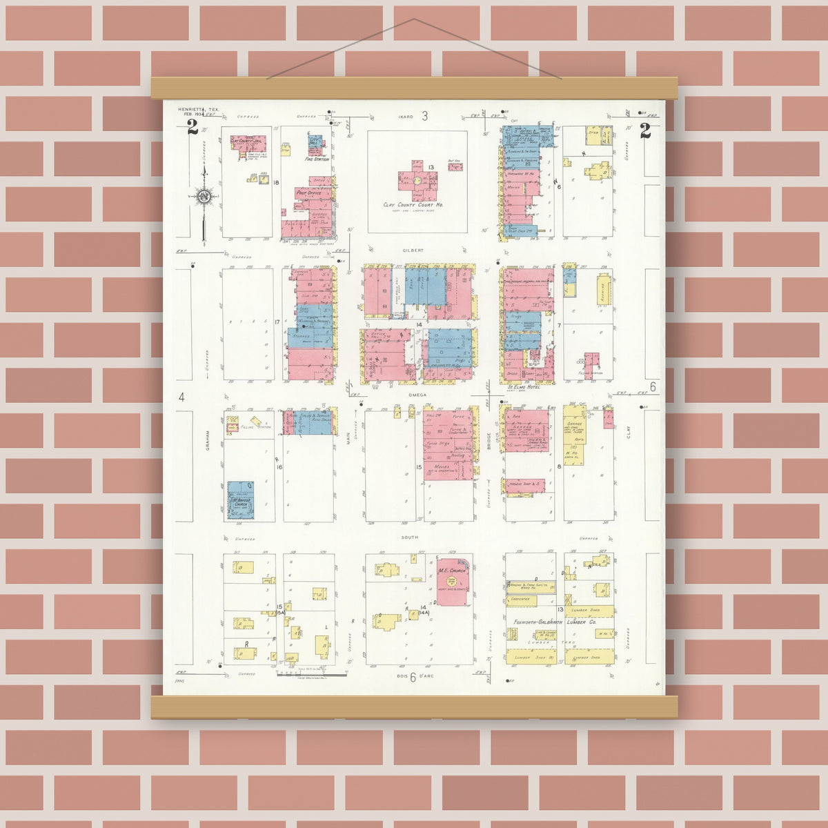 Old map wall art mockup — magnetic wood frame on brick wall — Sanborn Fire Insurance Map from Henrietta, Clay County, Texas (1934), Sheet #0002