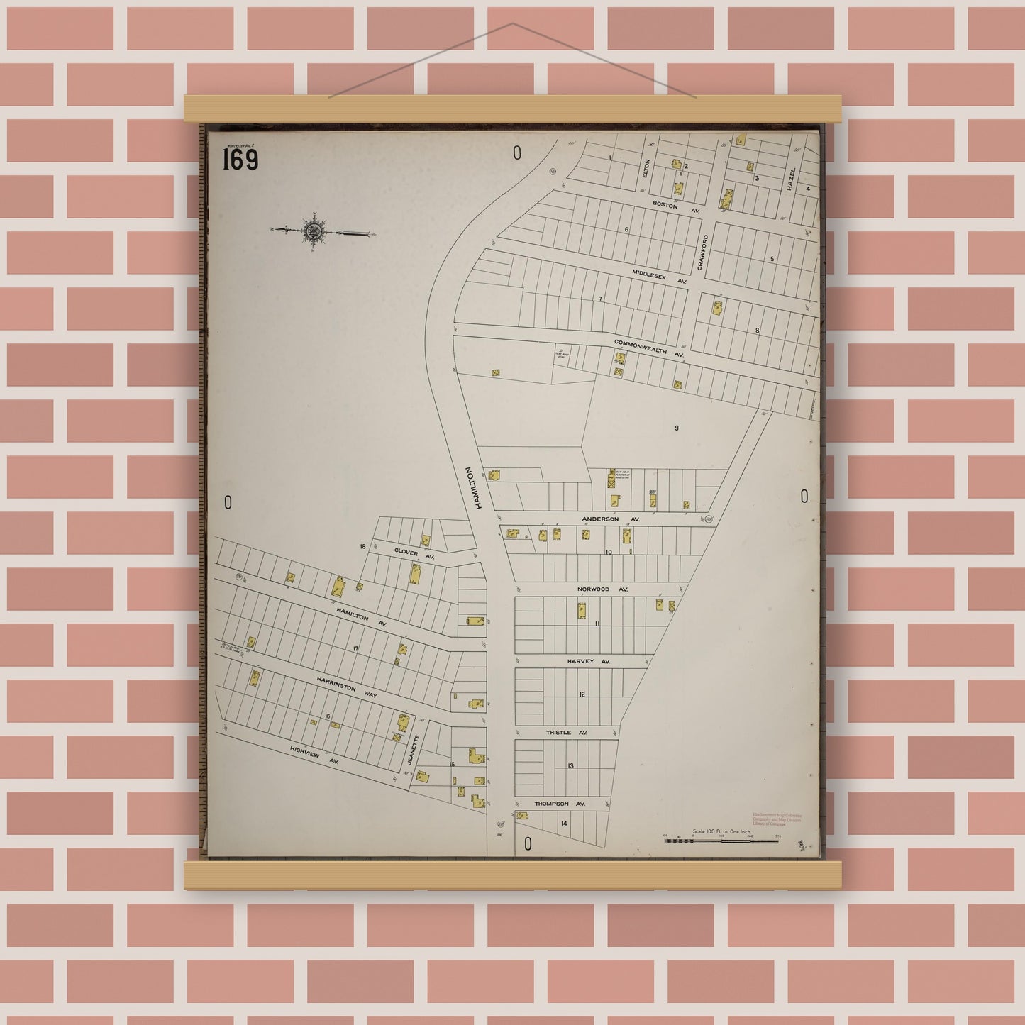 Old map wall art mockup — magnetic wood frame on brick wall — Sanborn Fire Insurance Map from Worcester, Worcester County, Massachusetts (1910), Sheet #0169