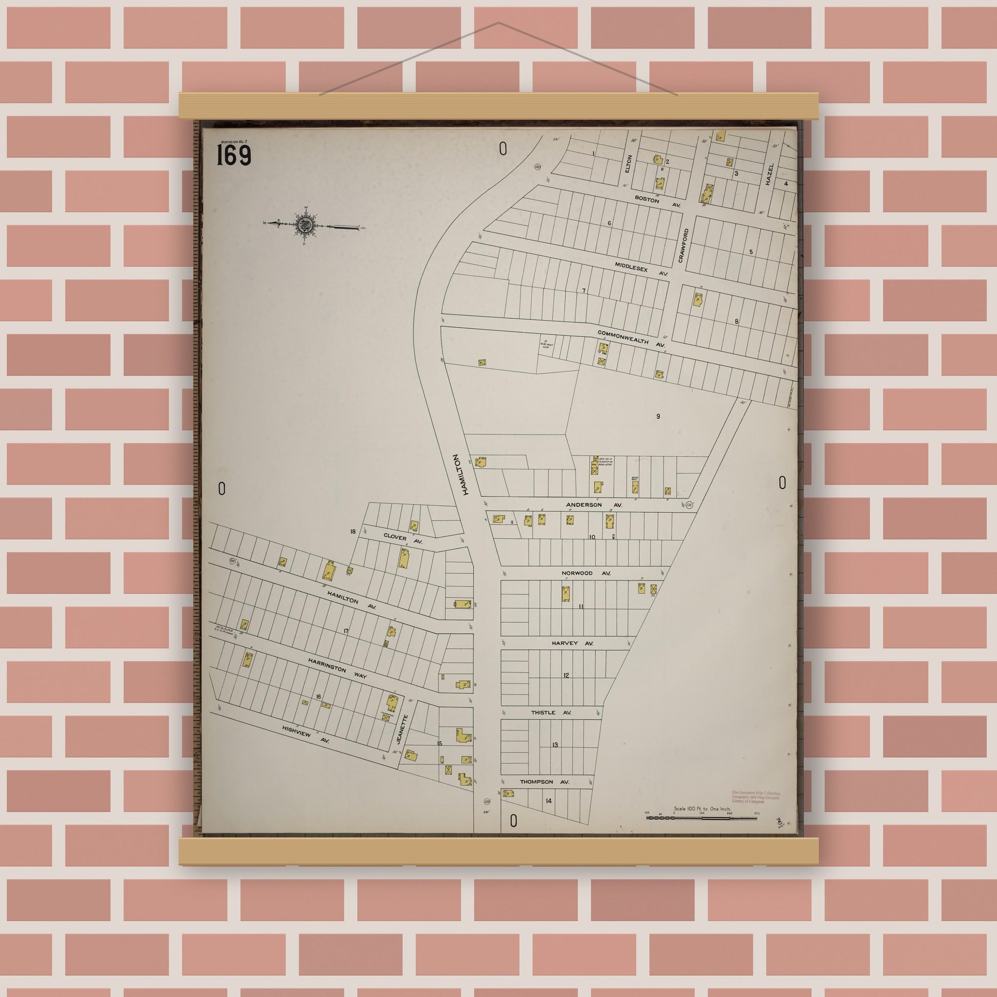Old map wall art mockup — magnetic wood frame on brick wall — Sanborn Fire Insurance Map from Worcester, Worcester County, Massachusetts (1910), Sheet #0169