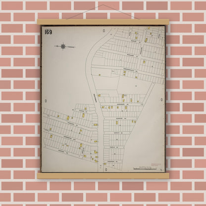 Old map wall art mockup — magnetic wood frame on brick wall — Sanborn Fire Insurance Map from Worcester, Worcester County, Massachusetts (1910), Sheet #0169