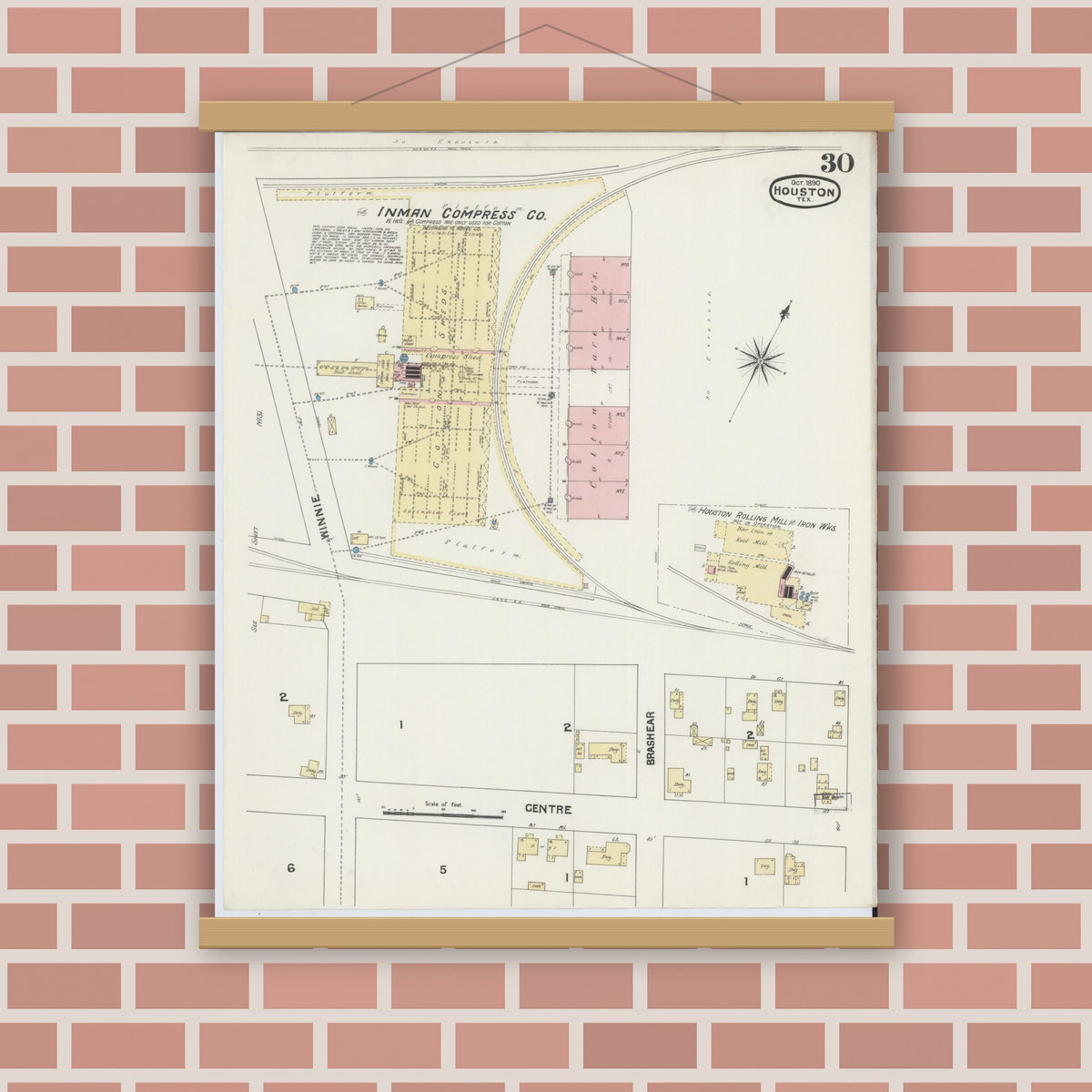 Old map wall art mockup — magnetic wood frame on brick wall — Sanborn Fire Insurance Map from Houston, Harris County, Texas (1890), Sheet #0030