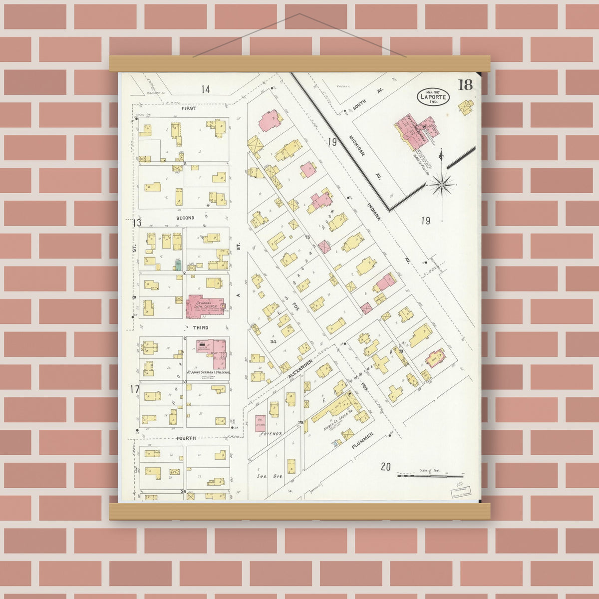 Old map wall art mockup — magnetic wood frame on brick wall — Sanborn Fire Insurance Map from La Porte, La Porte County, Indiana (1907), Sheet #0018