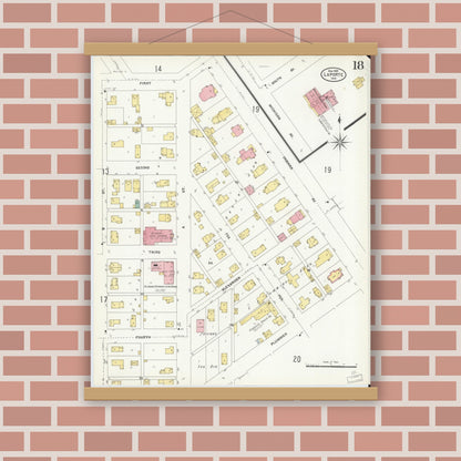 Old map wall art mockup — magnetic wood frame on brick wall — Sanborn Fire Insurance Map from La Porte, La Porte County, Indiana (1907), Sheet #0018