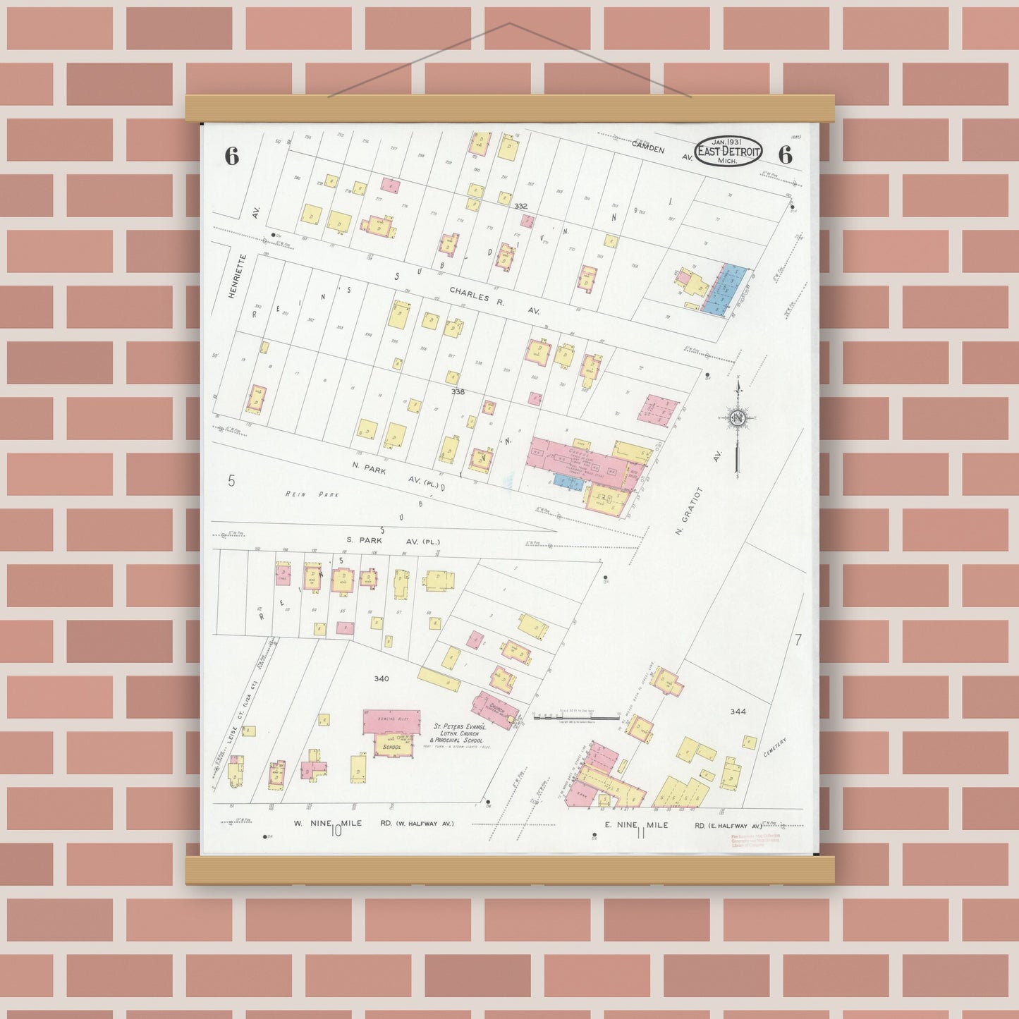 Old map wall art mockup — magnetic wood frame on brick wall — Sanborn Fire Insurance Map from East Detroit, Macomb County, Michigan (1931), Sheet #0006