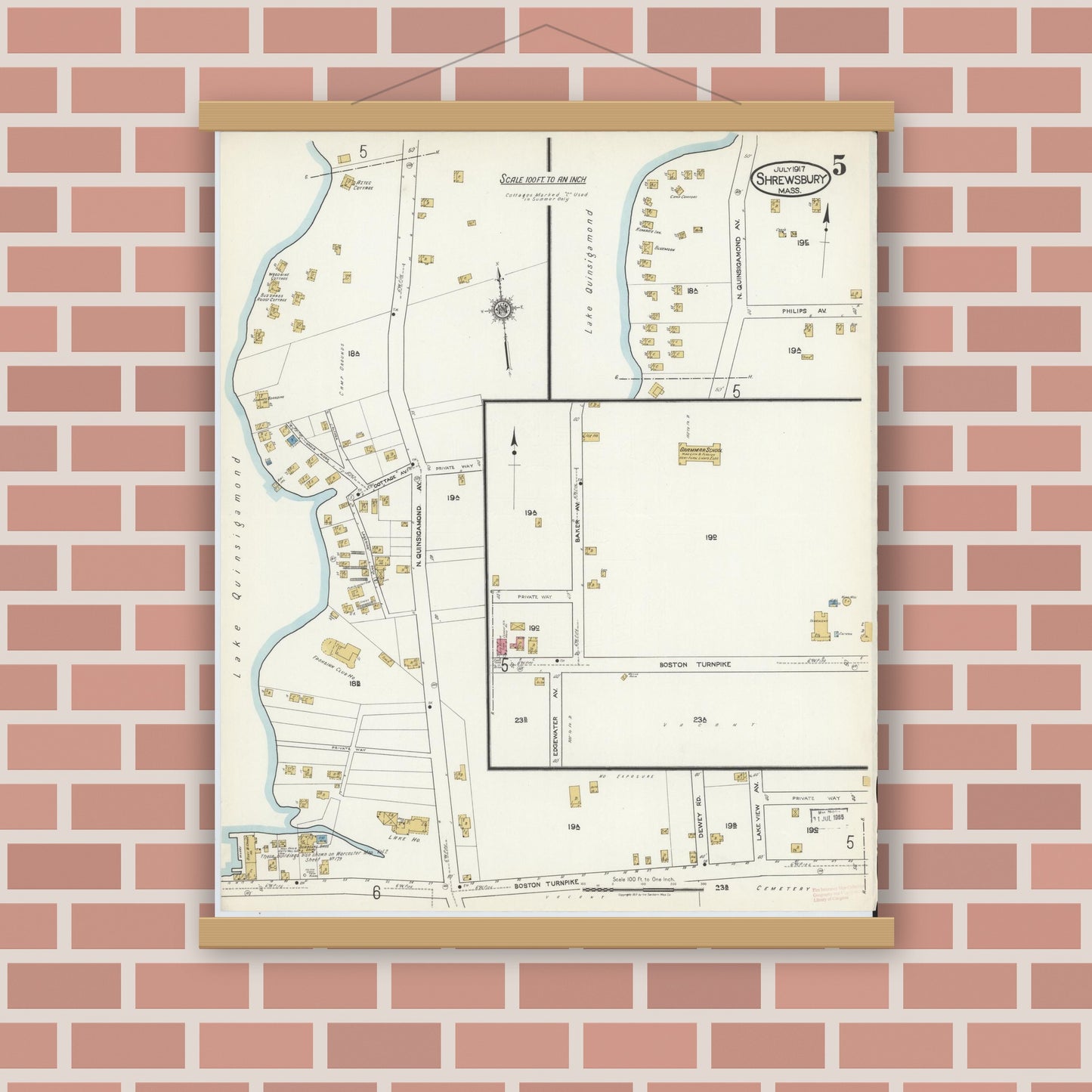 Old map wall art mockup — magnetic wood frame on brick wall — Sanborn Fire Insurance Map from Shrewsbury, Worcester County, Massachusetts (1917), Sheet #0005