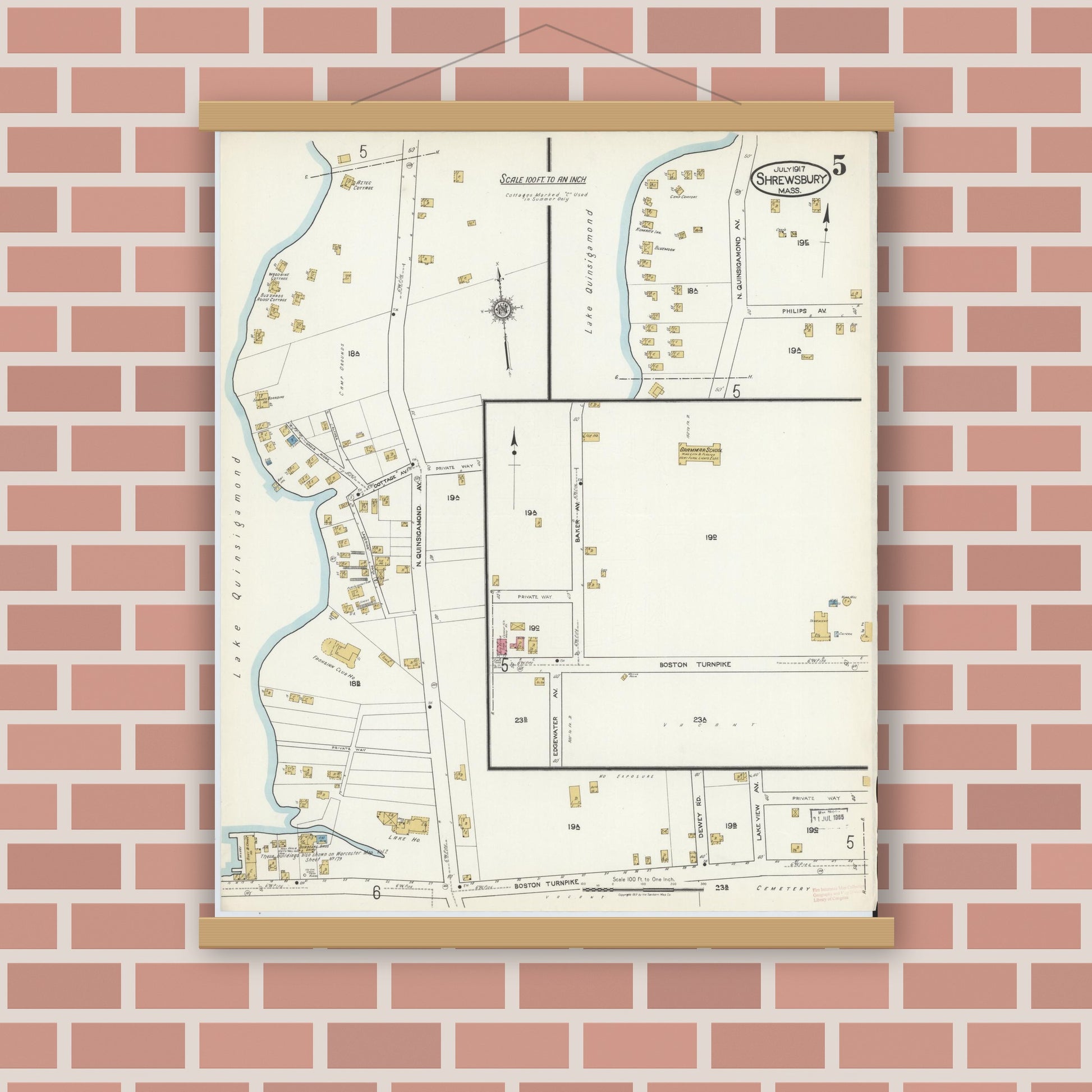 Old map wall art mockup — magnetic wood frame on brick wall — Sanborn Fire Insurance Map from Shrewsbury, Worcester County, Massachusetts (1917), Sheet #0005