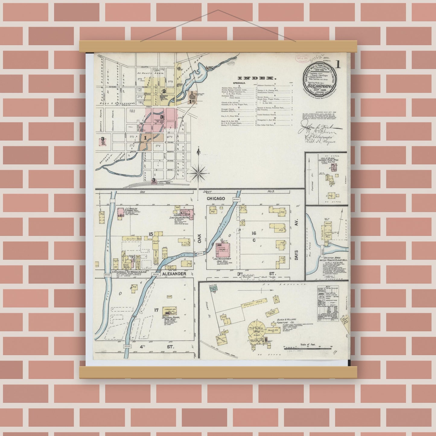 Old map wall art mockup — magnetic wood frame on brick wall — Sanborn Fire Insurance Map from Buchanan, Berrien County, Michigan (1889) - Complete Map Set