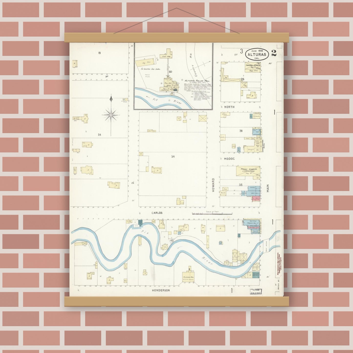 Old map wall art mockup — magnetic wood frame on brick wall — Sanborn Fire Insurance Map from Alturas, Modoc County, California (1898), Sheet #0002