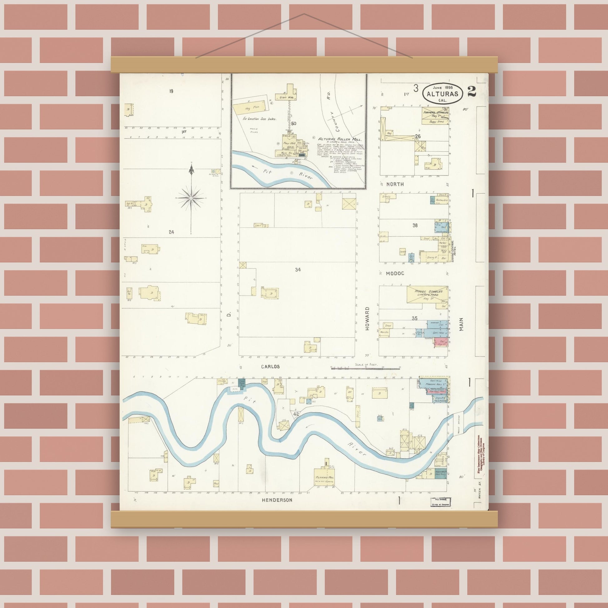 Old map wall art mockup — magnetic wood frame on brick wall — Sanborn Fire Insurance Map from Alturas, Modoc County, California (1898), Sheet #0002