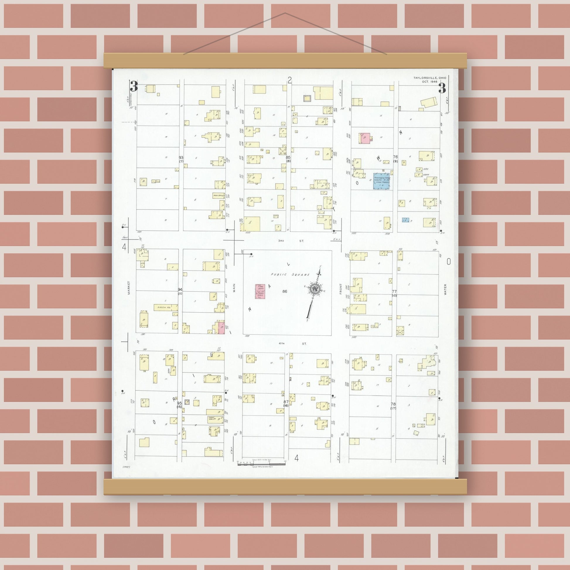 Old map wall art mockup — magnetic wood frame on brick wall — Sanborn Fire Insurance Map from Taylorsville, Muskingum County, Ohio (1946), Sheet #0003