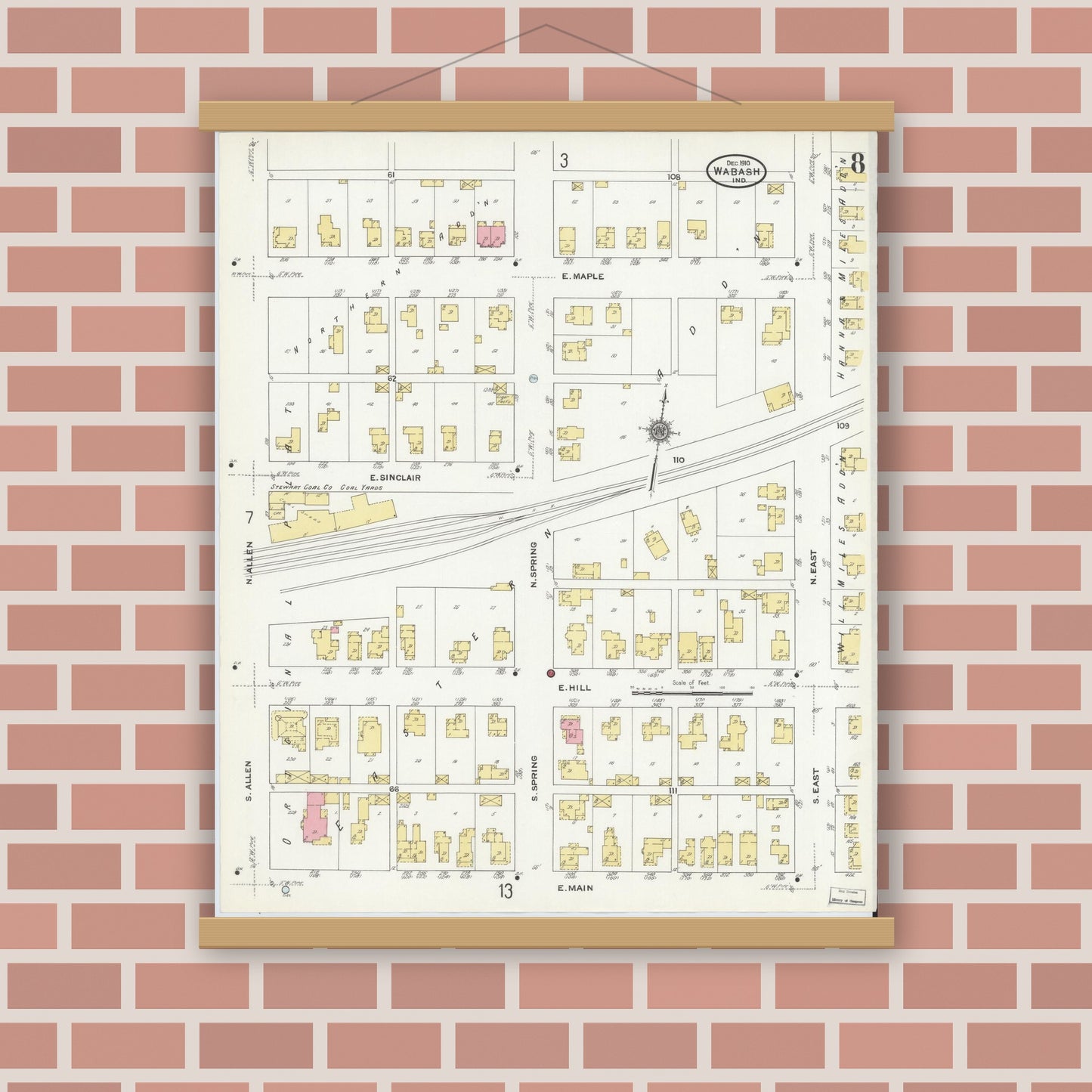 Old map wall art mockup — magnetic wood frame on brick wall — Sanborn Fire Insurance Map from Wabash, Wabash County, Indiana (1910), Sheet #0008