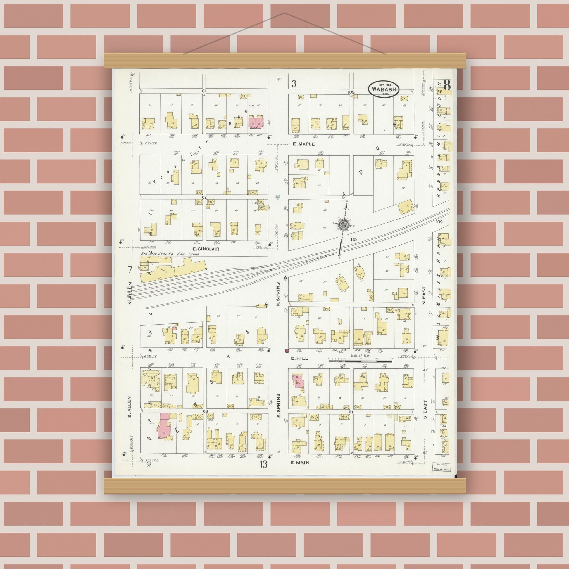 Old map wall art mockup — magnetic wood frame on brick wall — Sanborn Fire Insurance Map from Wabash, Wabash County, Indiana (1910), Sheet #0008