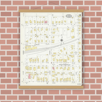 Old map wall art mockup — magnetic wood frame on brick wall — Sanborn Fire Insurance Map from Wabash, Wabash County, Indiana (1910), Sheet #0008
