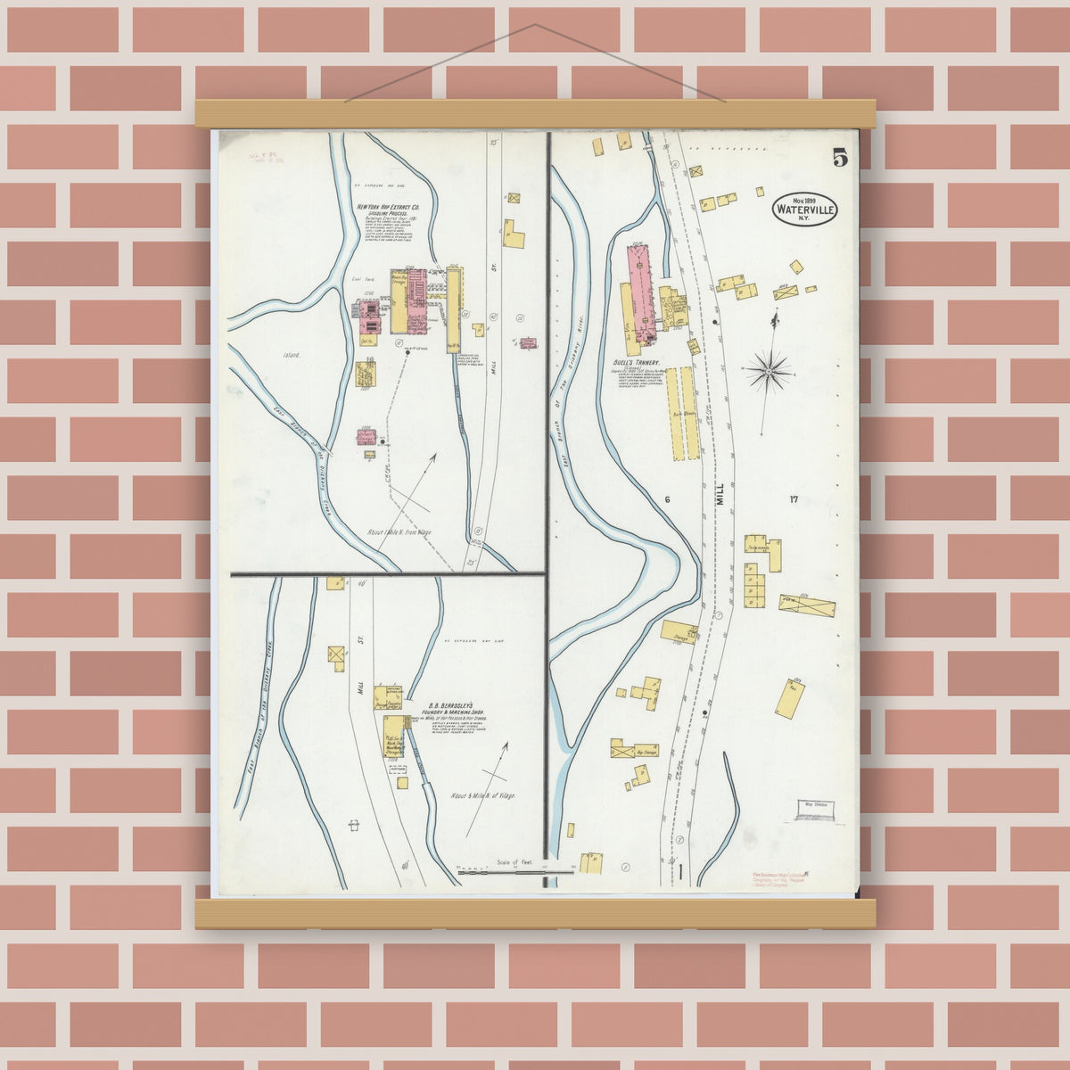 Old map wall art mockup — magnetic wood frame on brick wall — Sanborn Fire Insurance Map from Waterville, Oneida County, New York (1899), Sheet #0005
