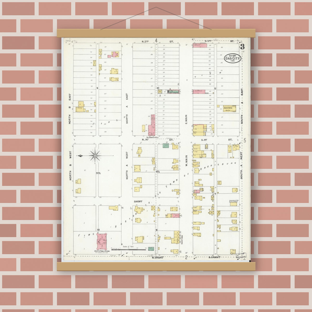 Old map wall art mockup — magnetic wood frame on brick wall — Sanborn Fire Insurance Map from Gas City, Grant County, Indiana (1904), Sheet #0003