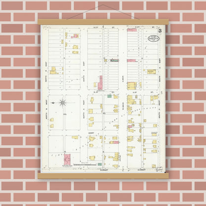 Old map wall art mockup — magnetic wood frame on brick wall — Sanborn Fire Insurance Map from Gas City, Grant County, Indiana (1904), Sheet #0003