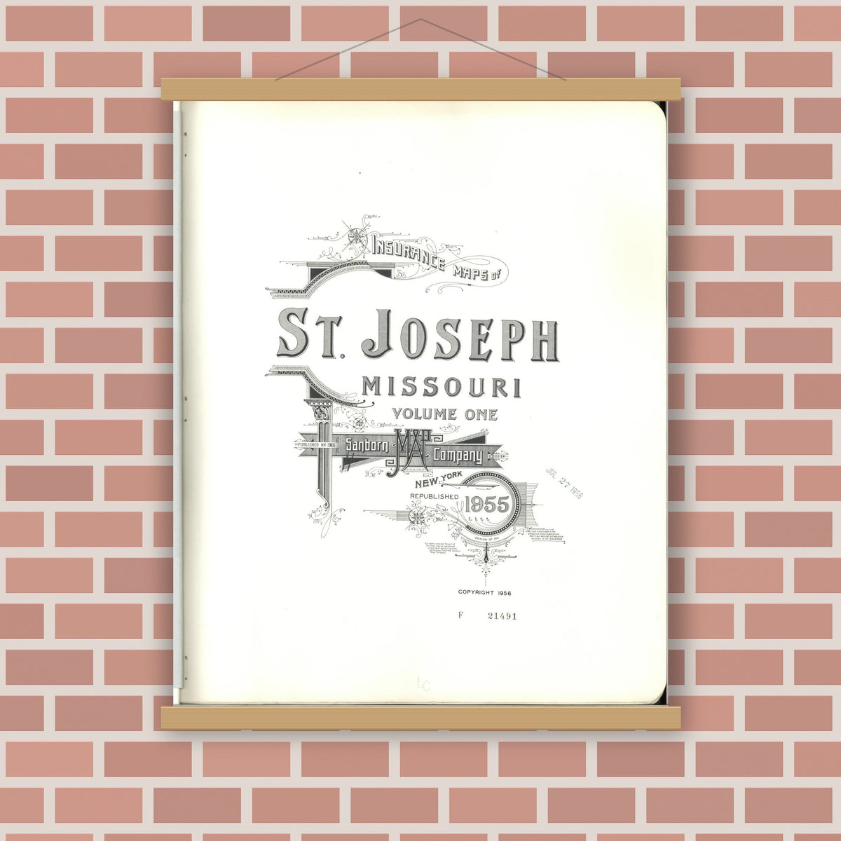 Old map wall art mockup — magnetic wood frame on brick wall — Sanborn Fire Insurance Map from Saint Joseph, Buchanan County, Missouri (1955), Sheet #0001