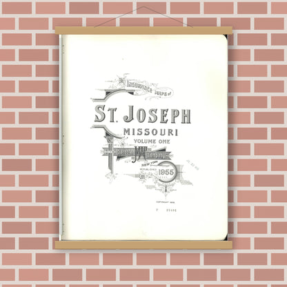 Old map wall art mockup — magnetic wood frame on brick wall — Sanborn Fire Insurance Map from Saint Joseph, Buchanan County, Missouri (1955), Sheet #0001
