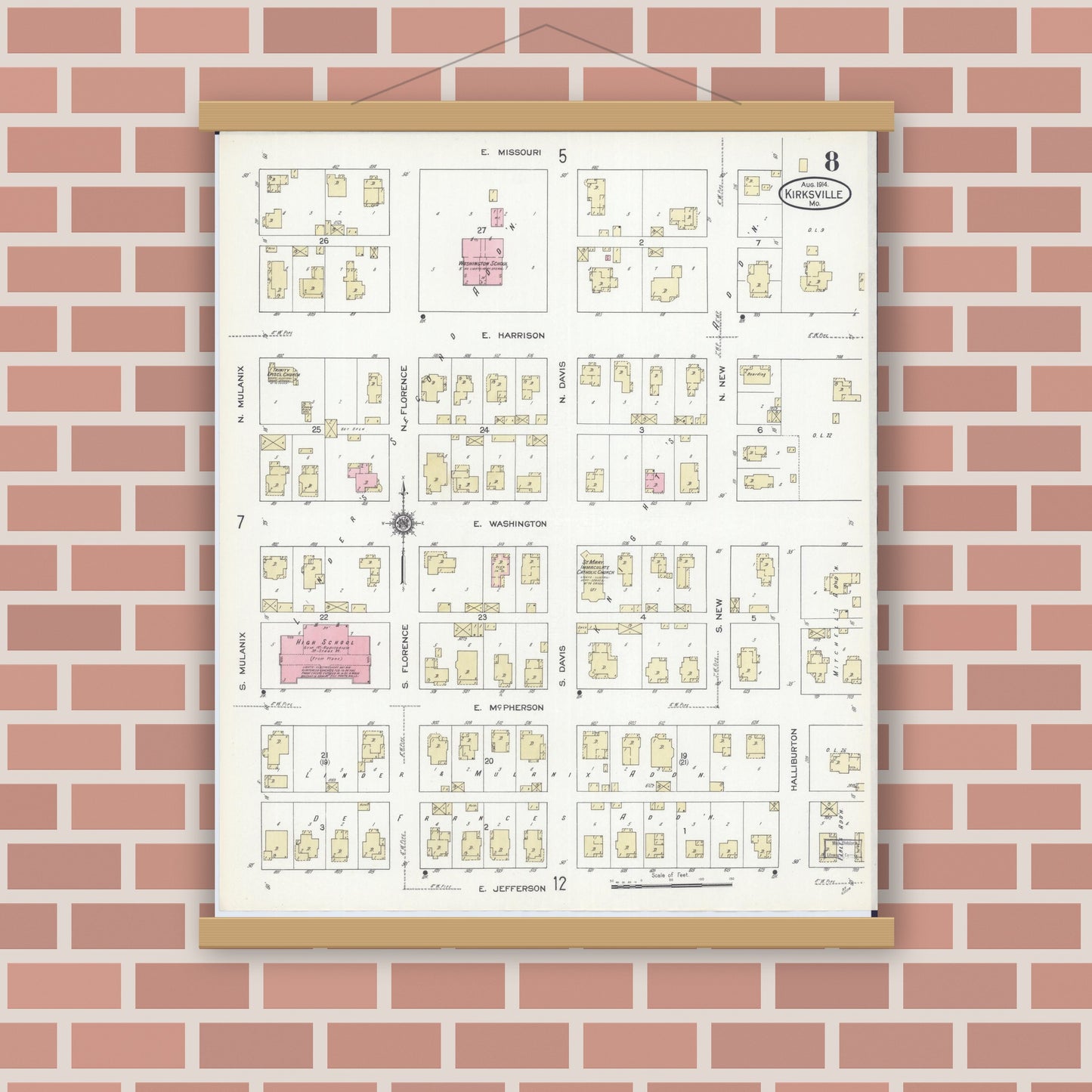 Old map wall art mockup — magnetic wood frame on brick wall — Sanborn Fire Insurance Map from Kirksville, Adair County, Missouri (1914), Sheet #0008