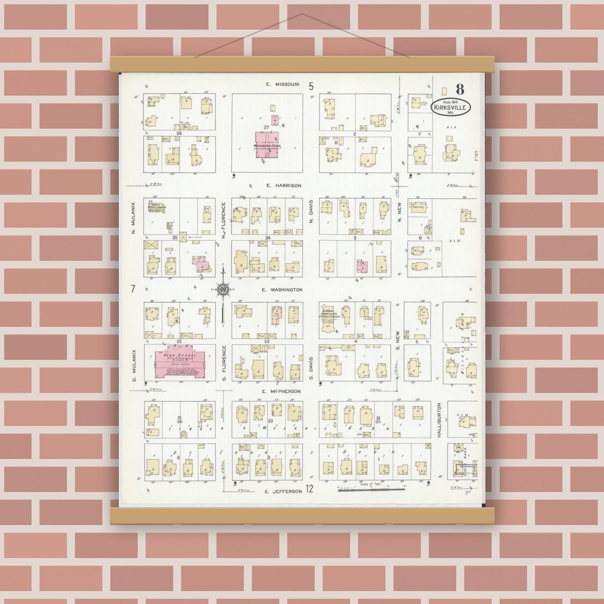Old map wall art mockup — magnetic wood frame on brick wall — Sanborn Fire Insurance Map from Kirksville, Adair County, Missouri (1914), Sheet #0008