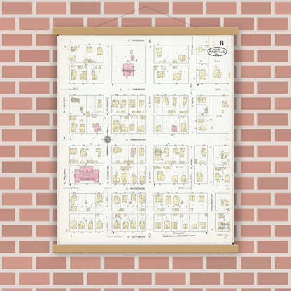 Old map wall art mockup — magnetic wood frame on brick wall — Sanborn Fire Insurance Map from Kirksville, Adair County, Missouri (1914), Sheet #0008