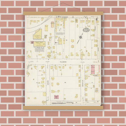 Old map wall art mockup — magnetic wood frame on brick wall — Sanborn Fire Insurance Map from Oxford, Granville County, North Carolina (1915), Sheet #0004