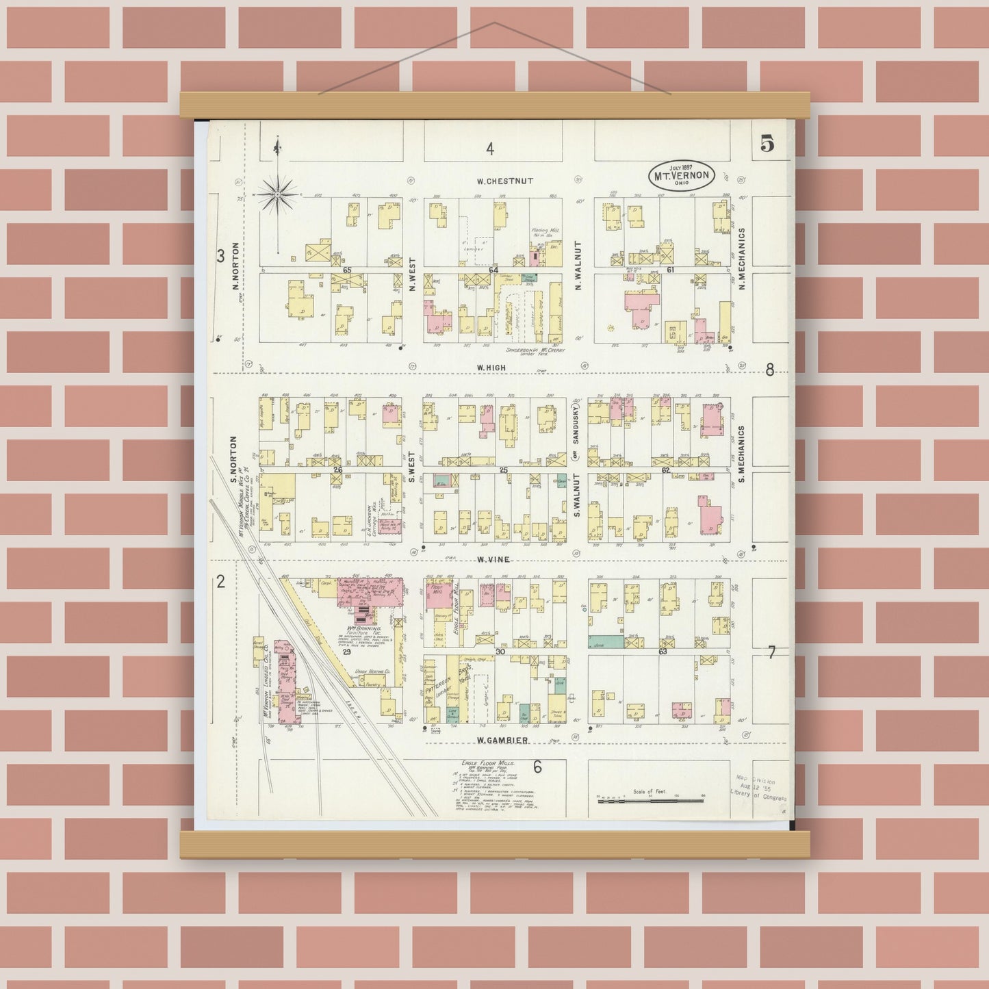 Old map wall art mockup — magnetic wood frame on brick wall — Sanborn Fire Insurance Map from Mount Vernon, Knox County, Ohio (1897), Sheet #0005