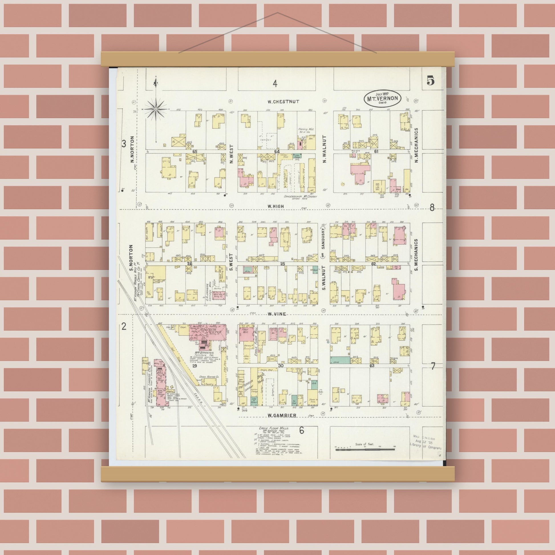 Old map wall art mockup — magnetic wood frame on brick wall — Sanborn Fire Insurance Map from Mount Vernon, Knox County, Ohio (1897), Sheet #0005