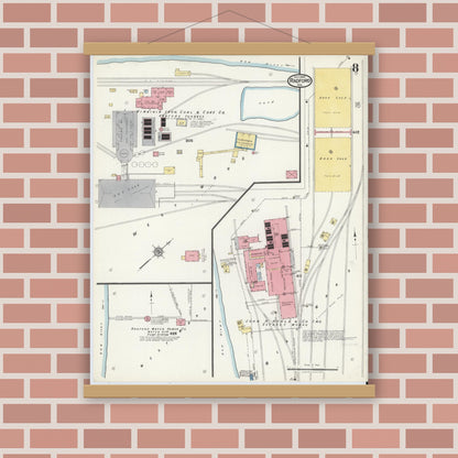 Old map wall art mockup — magnetic wood frame on brick wall — Sanborn Fire Insurance Map from Radford, Independent Cities, Virginia (1920), Sheet #0008