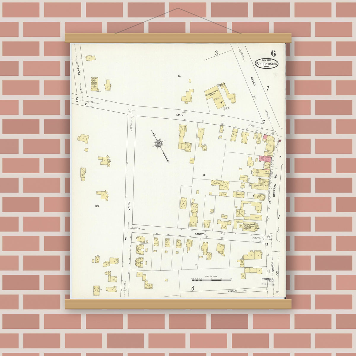 Old map wall art mockup — magnetic wood frame on brick wall — Sanborn Fire Insurance Map from Bridgewater, Plymouth County, Massachusetts (1912), Sheet #0006