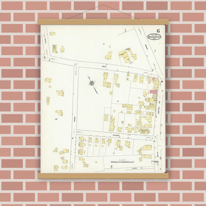 Old map wall art mockup — magnetic wood frame on brick wall — Sanborn Fire Insurance Map from Bridgewater, Plymouth County, Massachusetts (1912), Sheet #0006