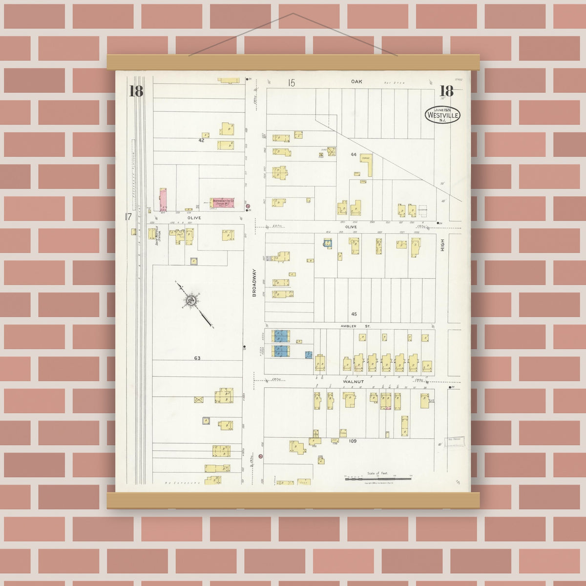 Old map wall art mockup — magnetic wood frame on brick wall — Sanborn Fire Insurance Map from Westville, Gloucester County, New Jersey (1926), Sheet #0018
