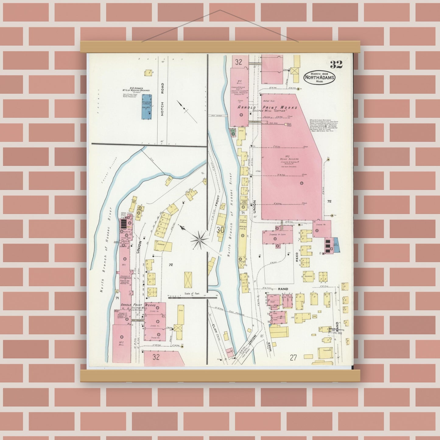 Old map wall art mockup — magnetic wood frame on brick wall — Sanborn Fire Insurance Map from North Adams, Berkshire County, Massachusetts (1908), Sheet #0032
