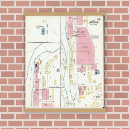 Old map wall art mockup — magnetic wood frame on brick wall — Sanborn Fire Insurance Map from North Adams, Berkshire County, Massachusetts (1908), Sheet #0032