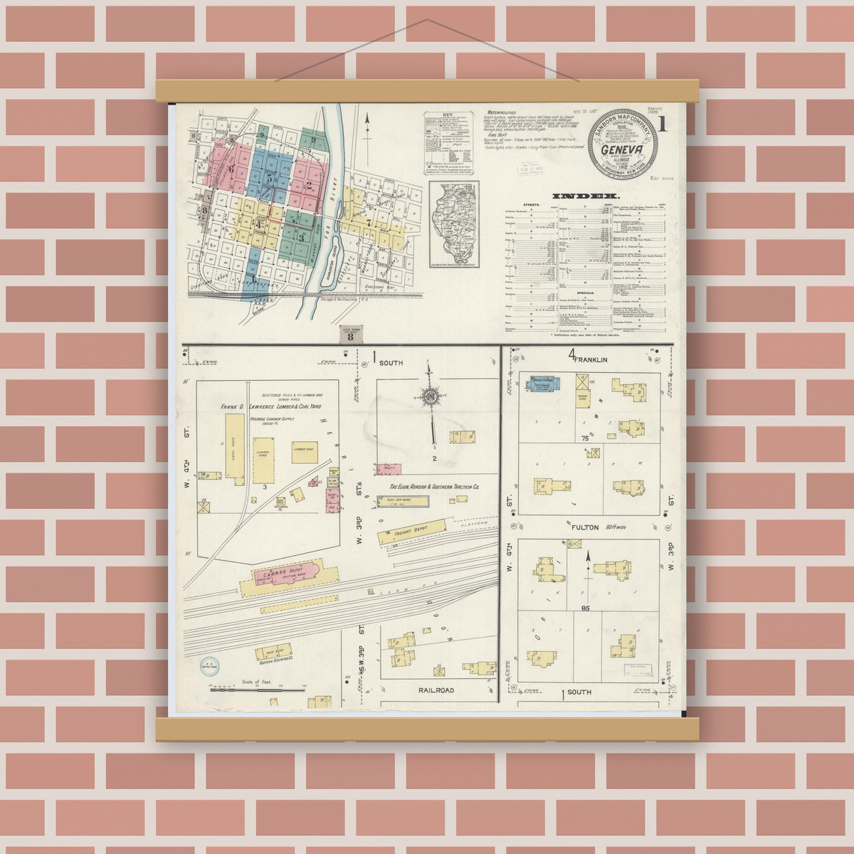 Old map wall art mockup — magnetic wood frame on brick wall — Sanborn Fire Insurance Map from Geneva, Kane County, Illinois (1912) - Complete Map Set