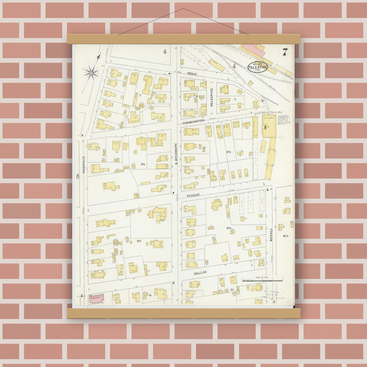 Old map wall art mockup — magnetic wood frame on brick wall — Sanborn Fire Insurance Map from Palestine, Anderson County, Texas (1905), Sheet #0007