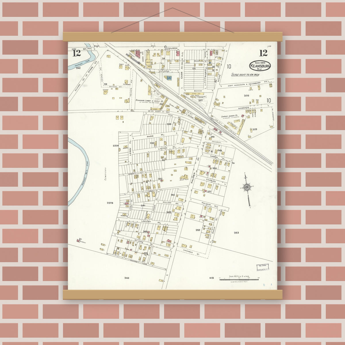 Old map wall art mockup — magnetic wood frame on brick wall — Sanborn Fire Insurance Map from Keansburg, Monmouth County, New Jersey (1923), Sheet #0012