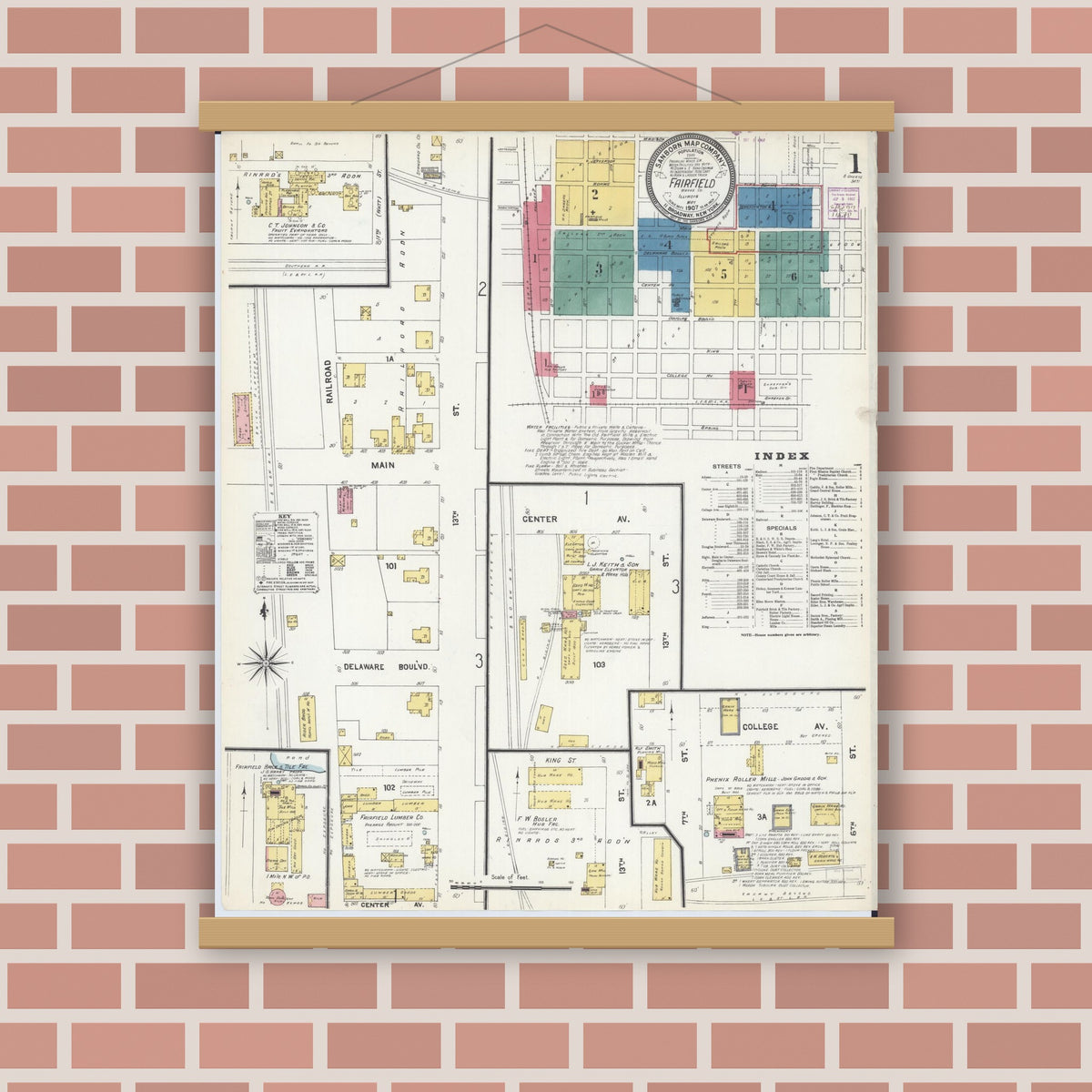 Old map wall art mockup — magnetic wood frame on brick wall — Sanborn Fire Insurance Map from Fairfield, Wayne County, Illinois (1907), Sheet #0001