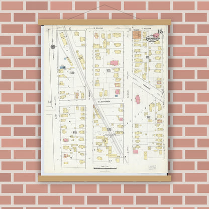 Old map wall art mockup — magnetic wood frame on brick wall — Sanborn Fire Insurance Map from Ann Arbor, Washtenaw County, Michigan (1916), Sheet #0015