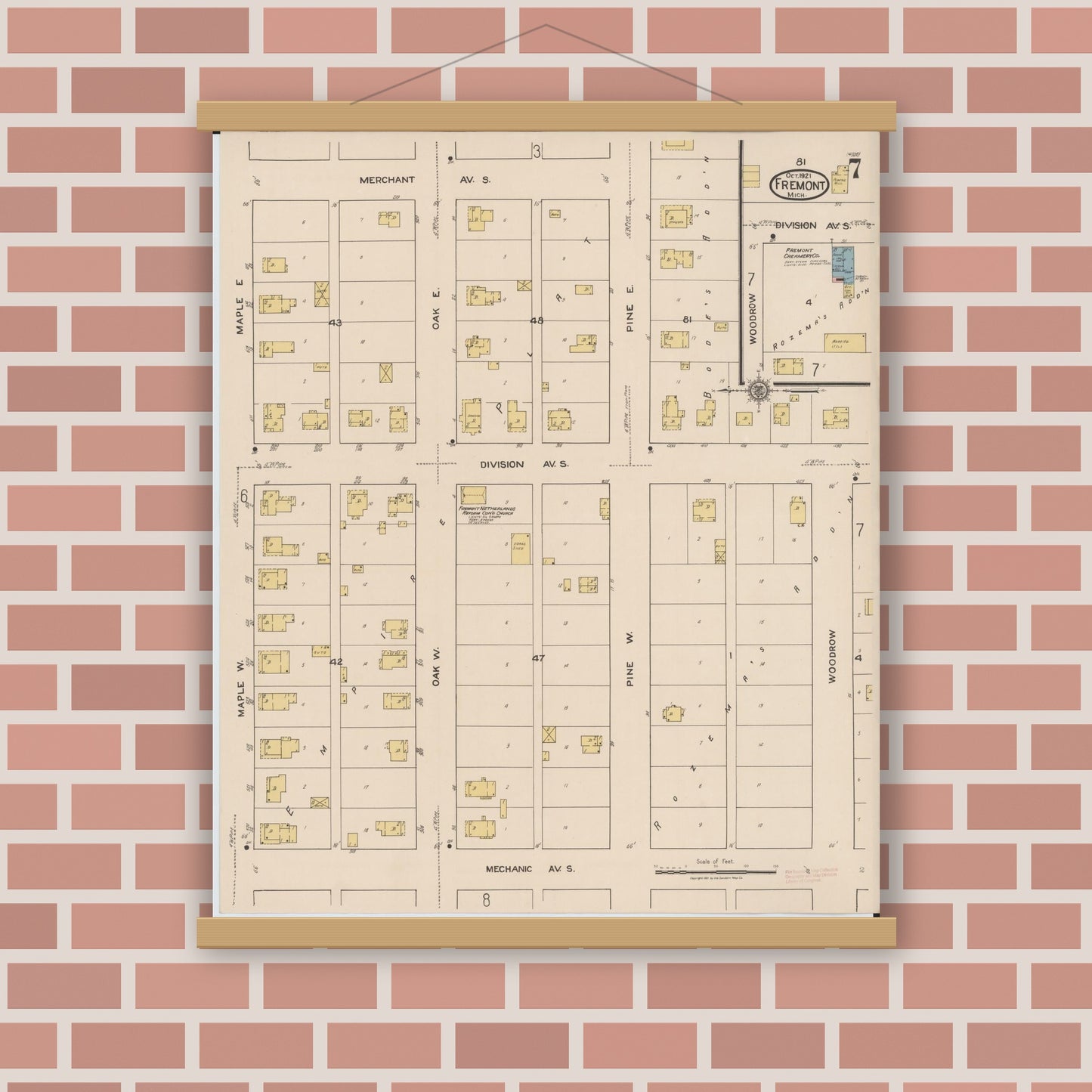 Old map wall art mockup — magnetic wood frame on brick wall — Sanborn Fire Insurance Map from Fremont, Newaygo County, Michigan (1921), Sheet #0007
